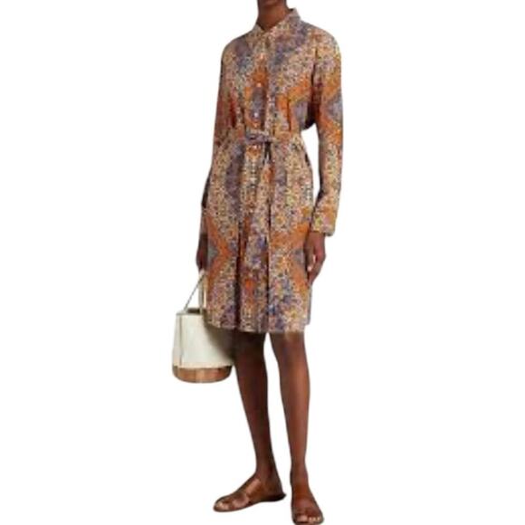 Tory Burch Soiree Pleated Silk Shirt Dress In Orange Soiree Blue Paisley Size 6 - Picture 3 of 15
